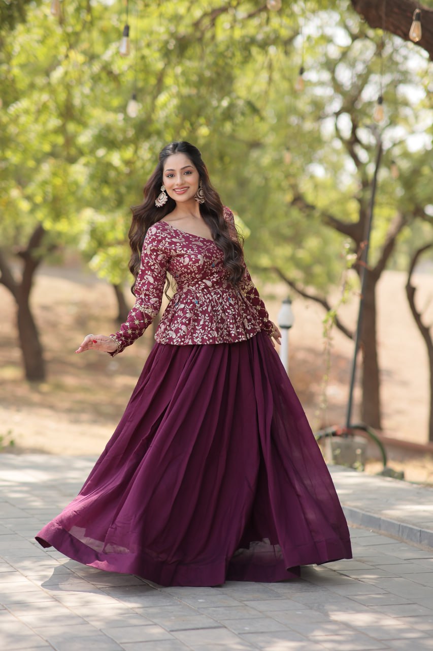 Wine Trendy Co-ord Set with Pure Viscose Dayble Flower Design and Sequins Embroidered Blouse