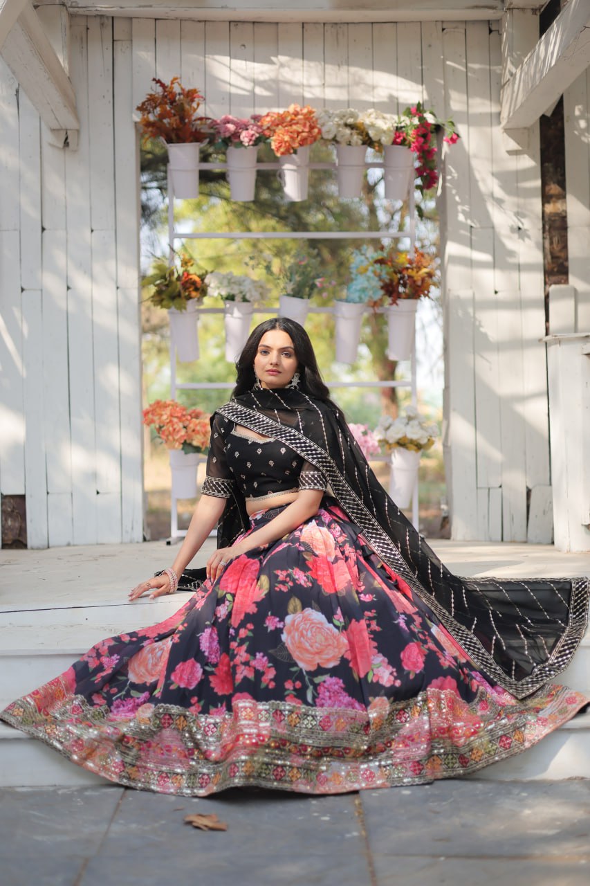 Black Exquisite Digital Printed Georgette Lehenga with Tassels and Embroidery