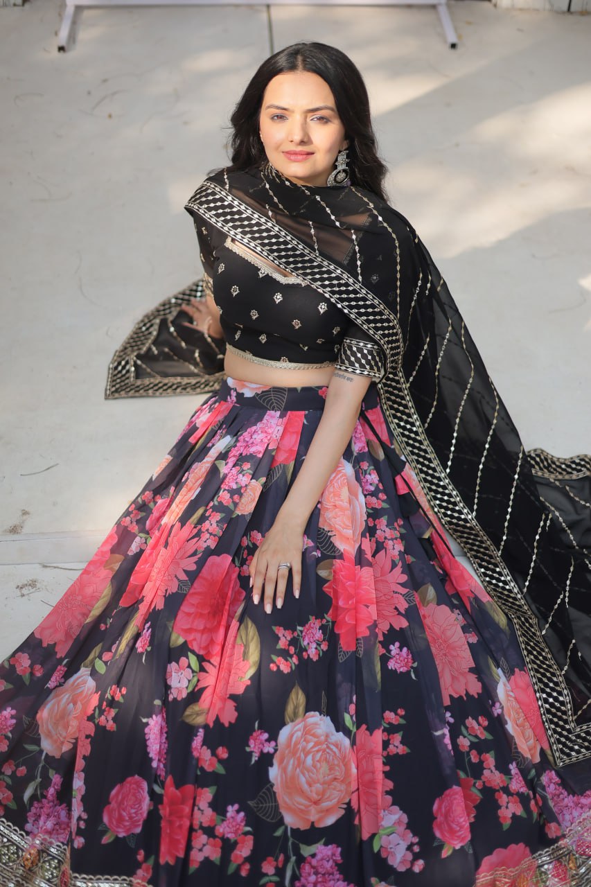 Black Exquisite Digital Printed Georgette Lehenga with Tassels and Embroidery