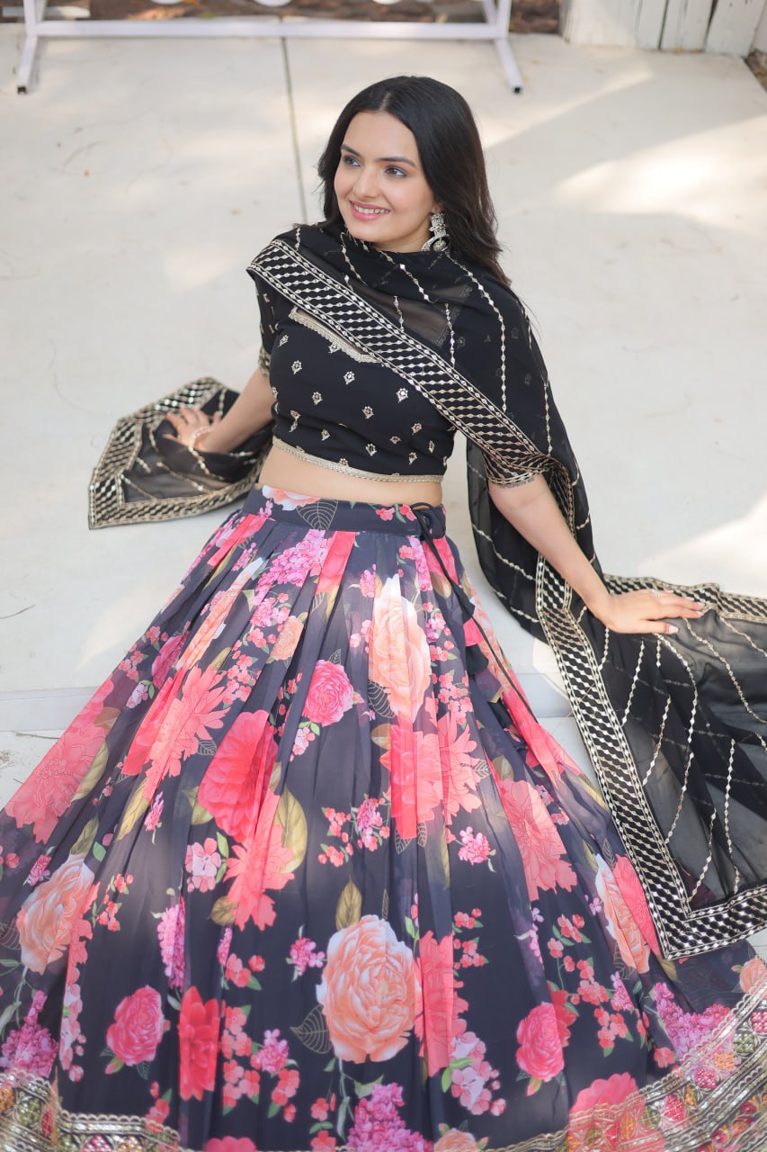 Black Exquisite Digital Printed Georgette Lehenga with Tassels and Embroidery