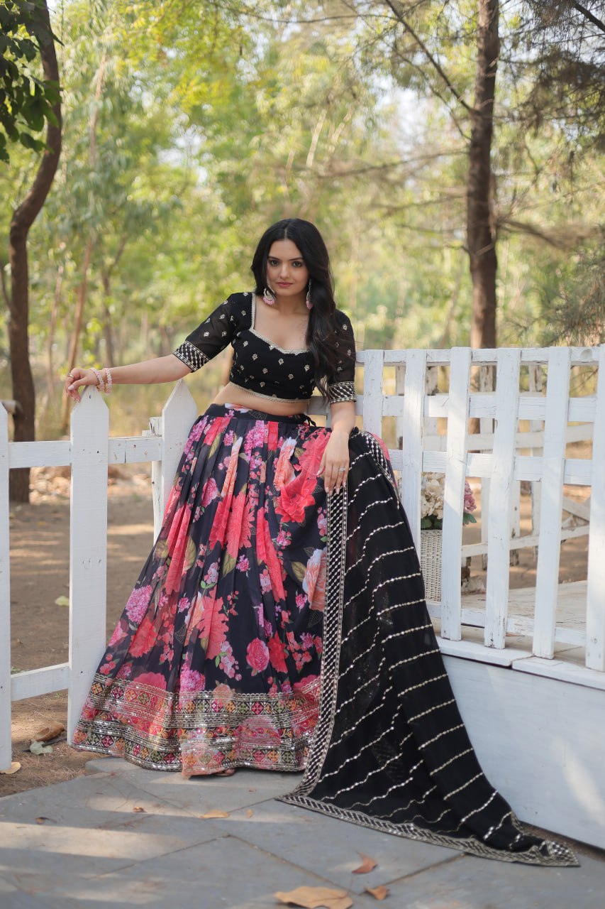 Black Exquisite Digital Printed Georgette Lehenga with Tassels and Embroidery