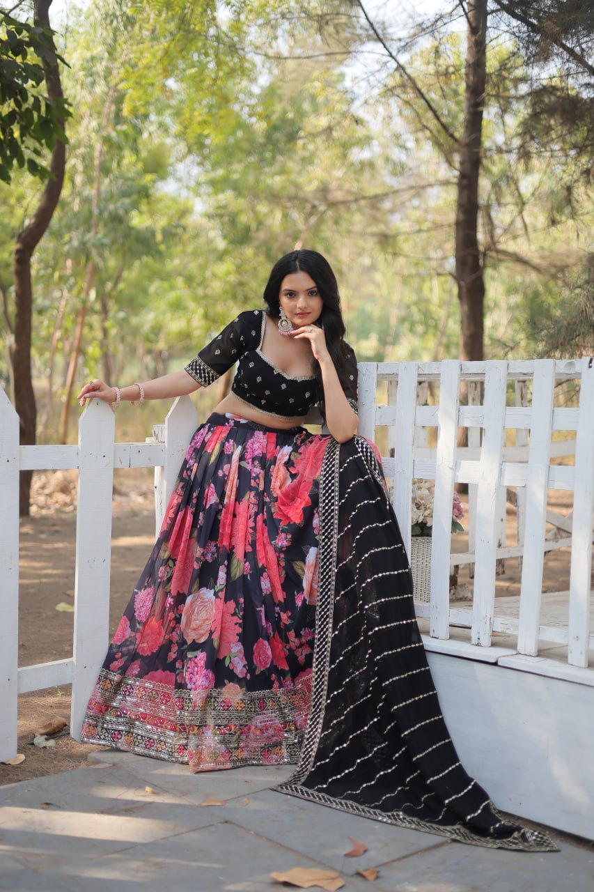 Black Exquisite Digital Printed Georgette Lehenga with Tassels and Embroidery