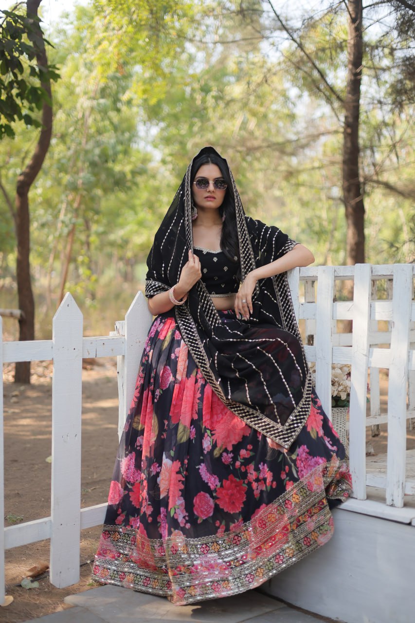 Black Exquisite Digital Printed Georgette Lehenga with Tassels and Embroidery