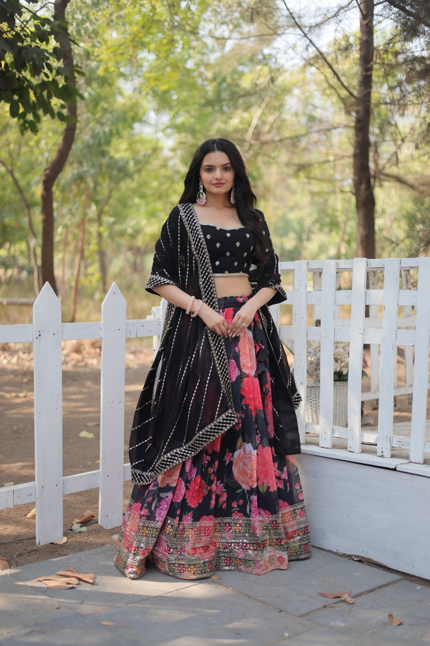 Black Exquisite Digital Printed Georgette Lehenga with Tassels and Embroidery