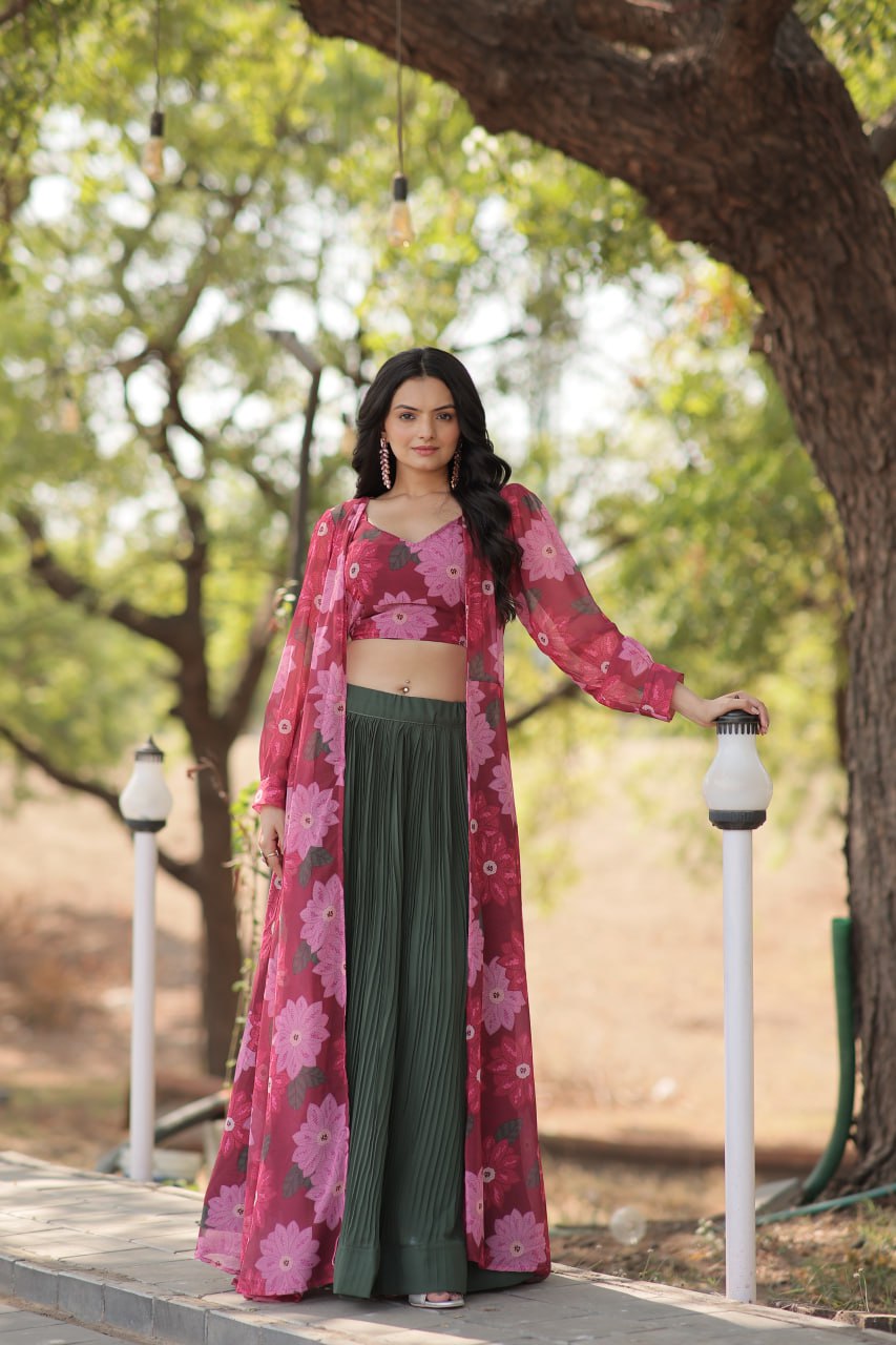Pink Faux Georgette Lehenga Set with Shrug and Exquisite Craftsmanship