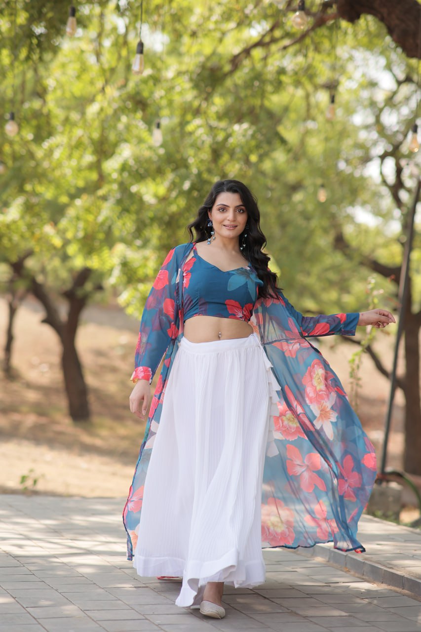 Blue Faux Georgette Lehenga Set with Shrug and Exquisite Craftsmanship