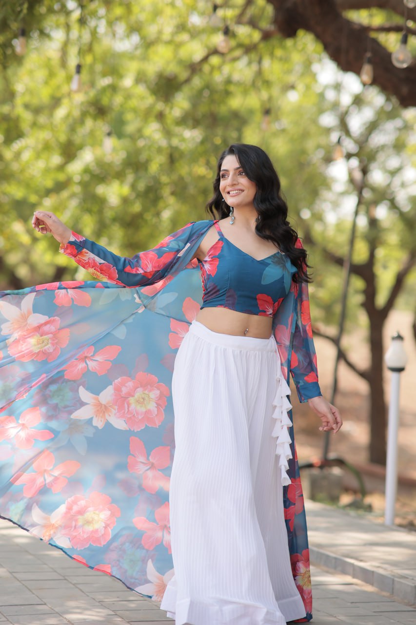 Blue Faux Georgette Lehenga Set with Shrug and Exquisite Craftsmanship