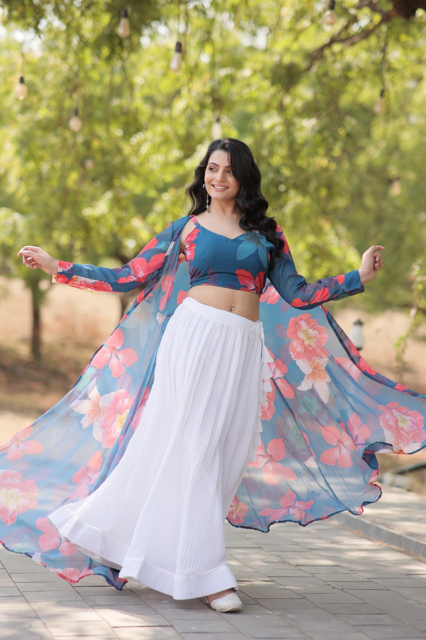 Blue Faux Georgette Lehenga Set with Shrug and Exquisite Craftsmanship