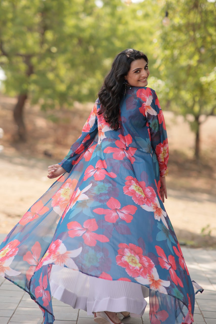 Blue Faux Georgette Lehenga Set with Shrug and Exquisite Craftsmanship