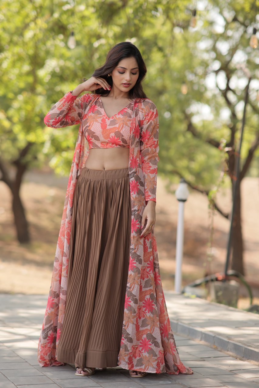 Beige Faux Georgette Lehenga Set with Shrug and Exquisite Craftsmanship