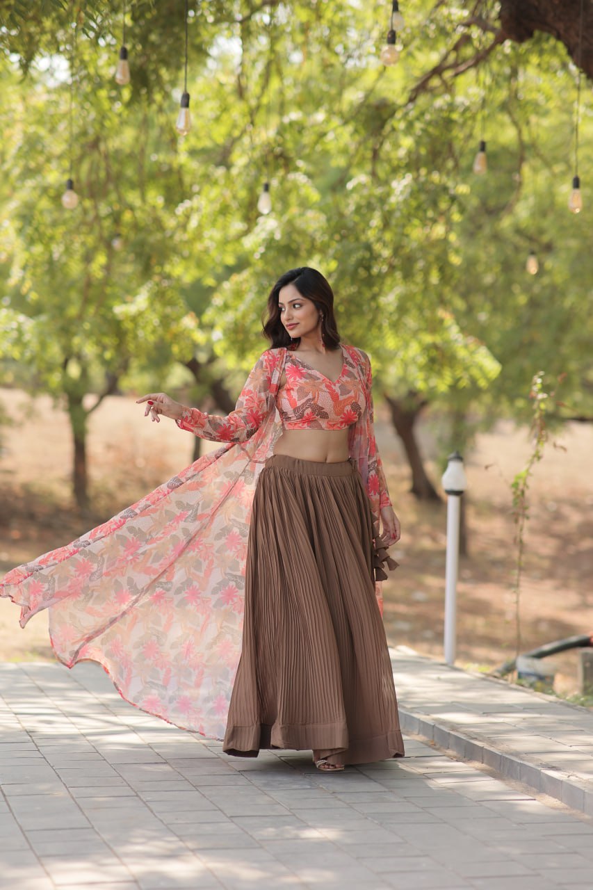 Beige Faux Georgette Lehenga Set with Shrug and Exquisite Craftsmanship