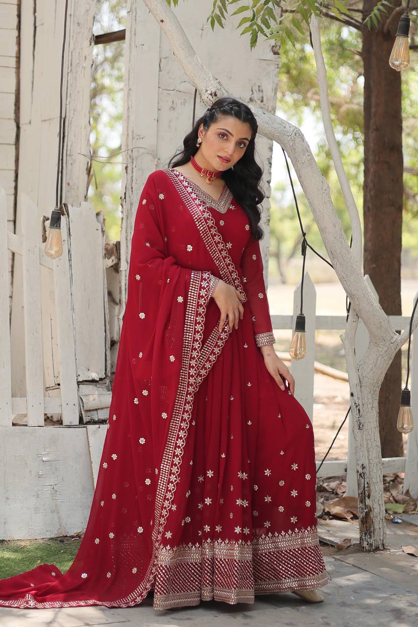 Red Epitome of Grace: Faux Blooming Anarkali Suit with Rich Sequins Embroidery