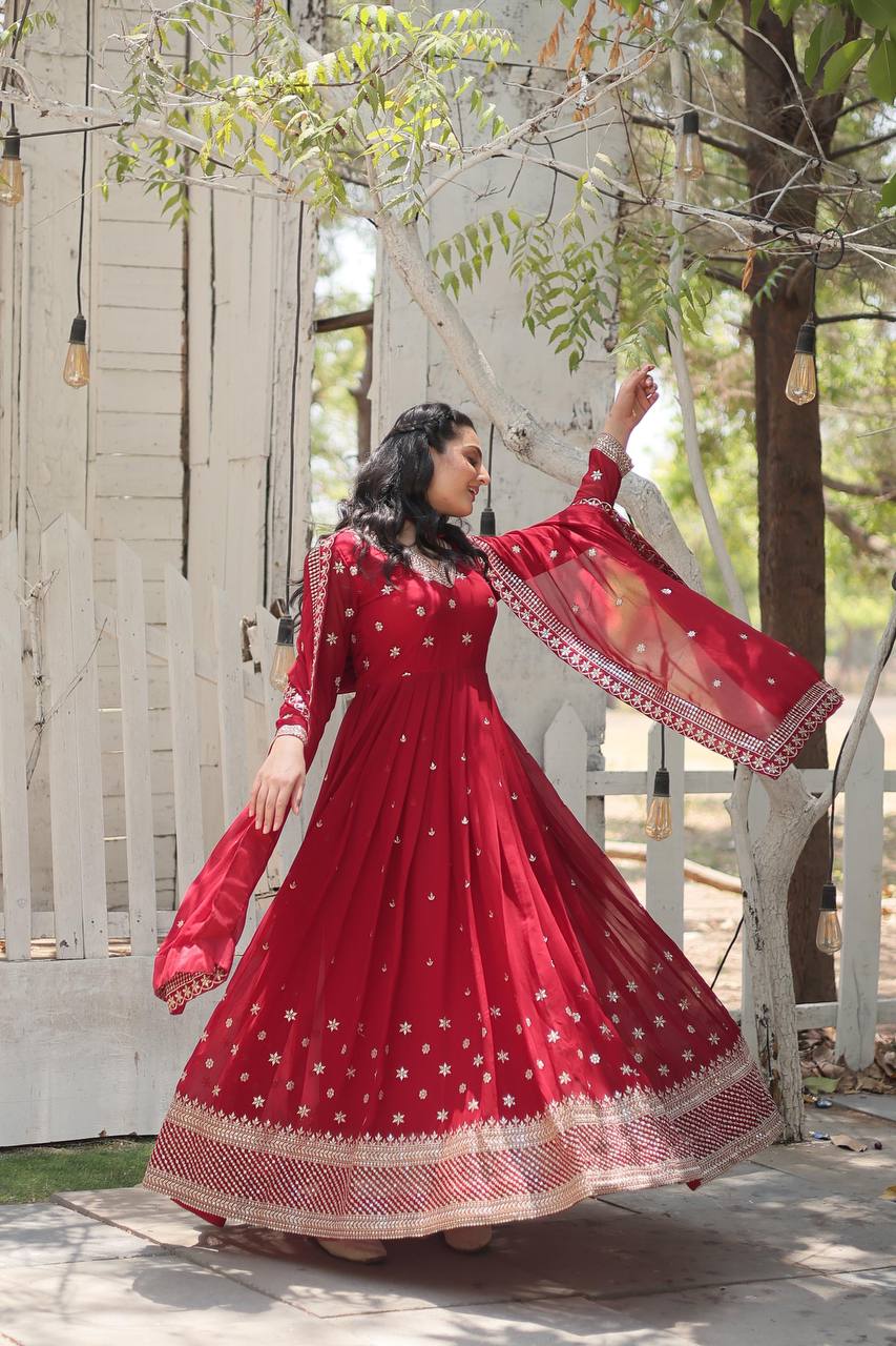 Red Epitome of Grace: Faux Blooming Anarkali Suit with Rich Sequins Embroidery