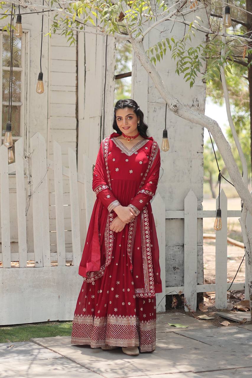 Red Epitome of Grace: Faux Blooming Anarkali Suit with Rich Sequins Embroidery