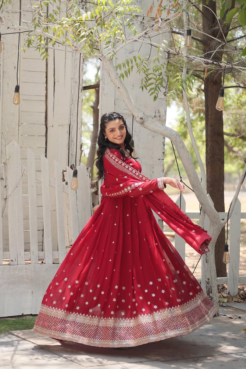 Red Epitome of Grace: Faux Blooming Anarkali Suit with Rich Sequins Embroidery
