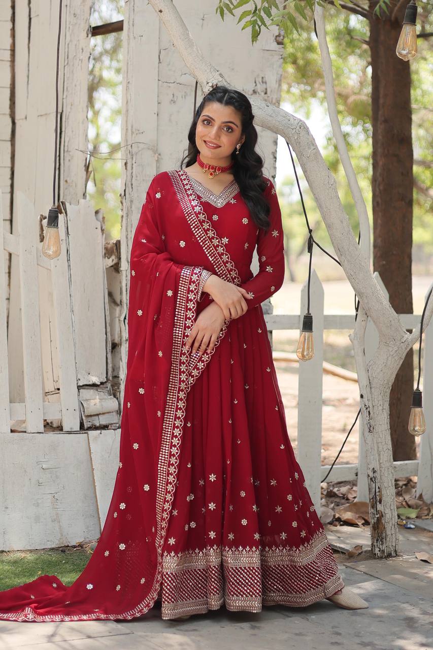 Red Epitome of Grace: Faux Blooming Anarkali Suit with Rich Sequins Embroidery