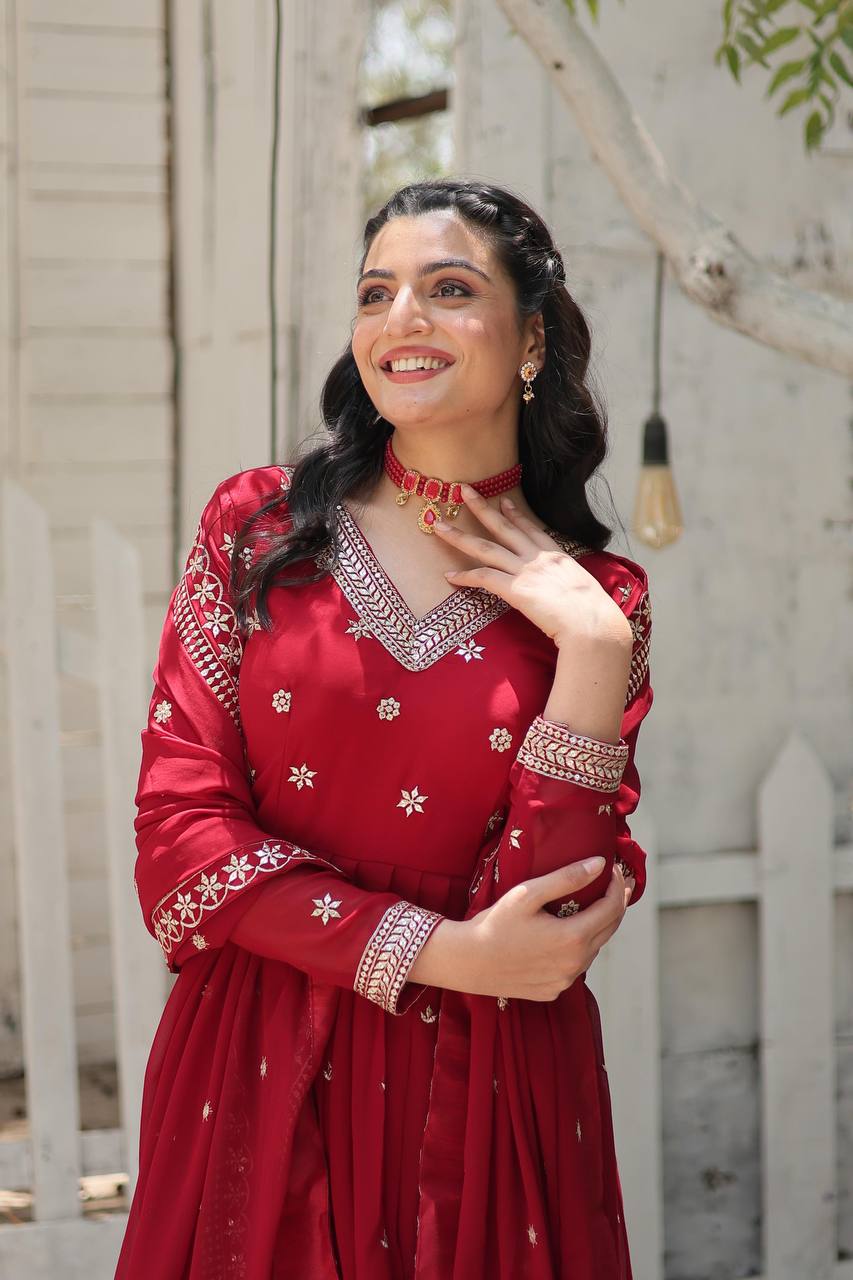 Red Epitome of Grace: Faux Blooming Anarkali Suit with Rich Sequins Embroidery