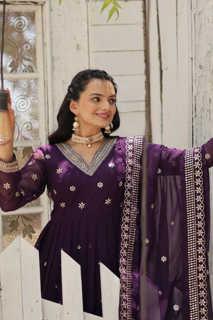 Wine Epitome of Grace: Faux Blooming Anarkali Suit with Rich Sequins Embroidery