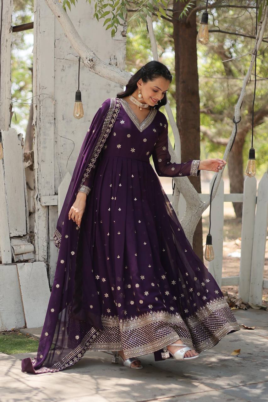 Wine Epitome of Grace: Faux Blooming Anarkali Suit with Rich Sequins Embroidery