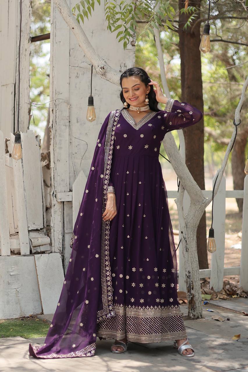 Wine Epitome of Grace: Faux Blooming Anarkali Suit with Rich Sequins Embroidery