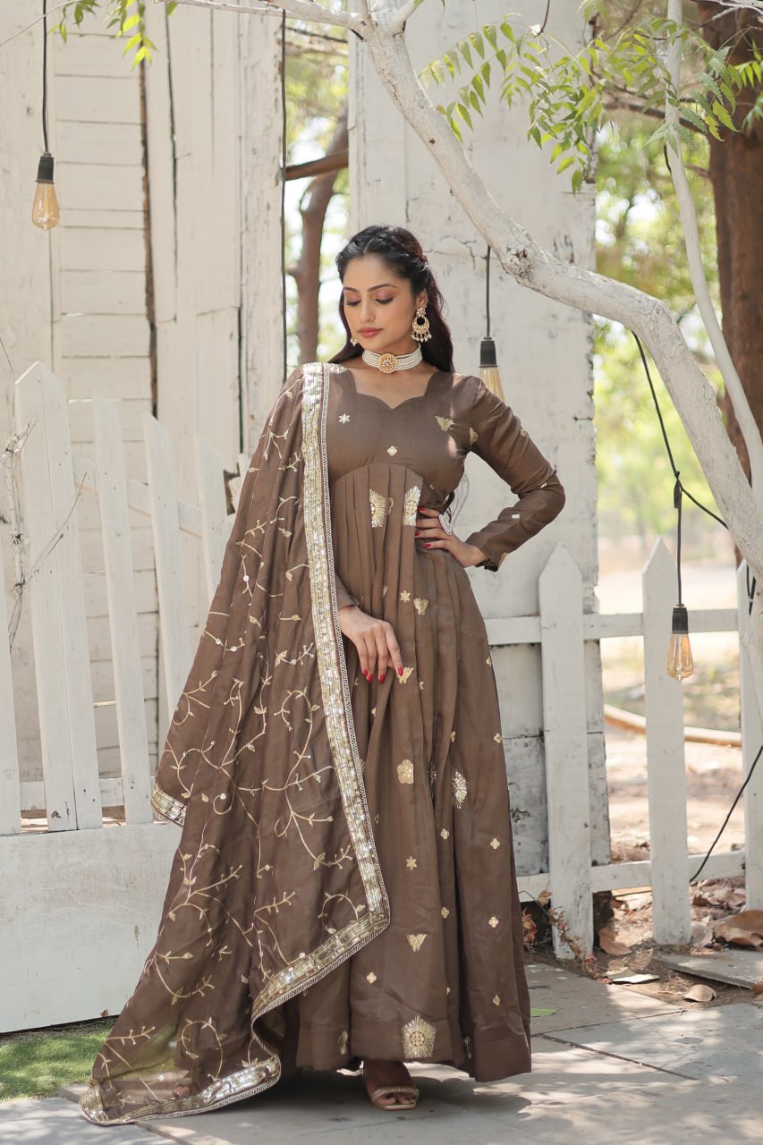 Beige Elegant Vichitra Shimmer Gown with Rich Sequins Embroidery