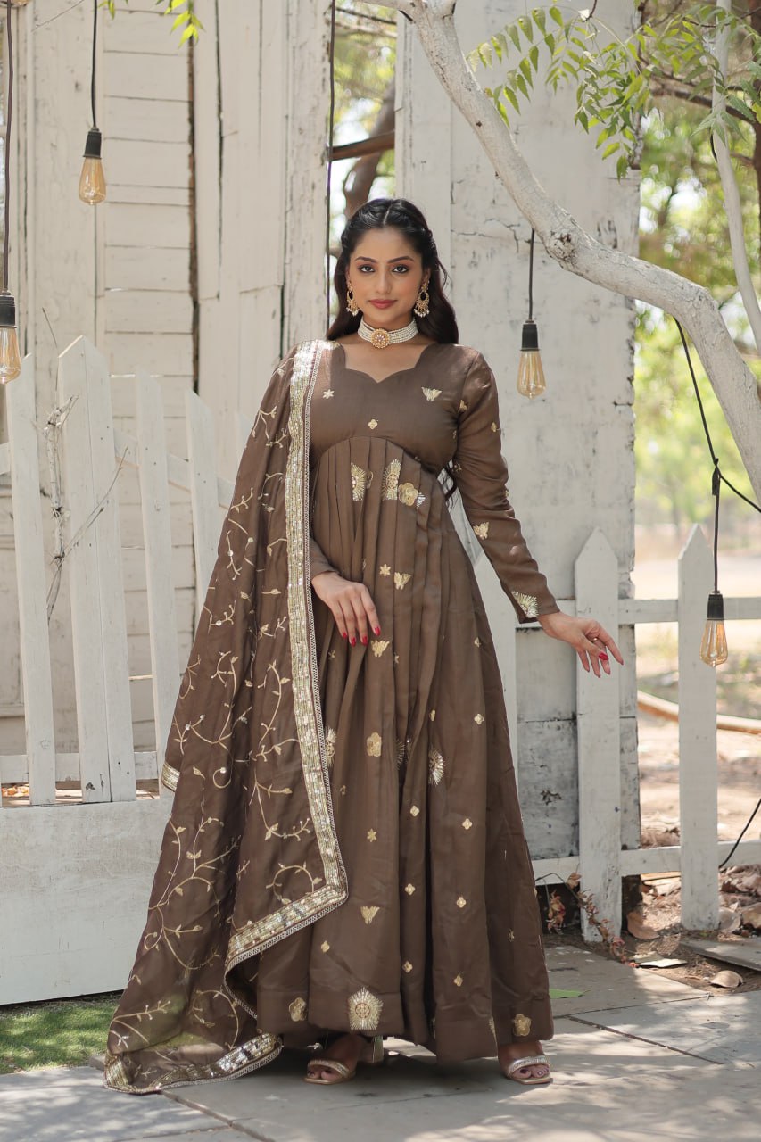 Beige Elegant Vichitra Shimmer Gown with Rich Sequins Embroidery