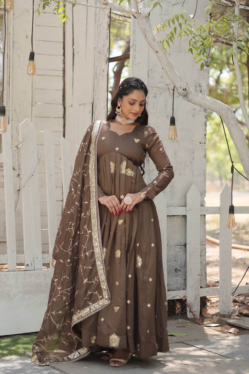 Beige Elegant Vichitra Shimmer Gown with Rich Sequins Embroidery