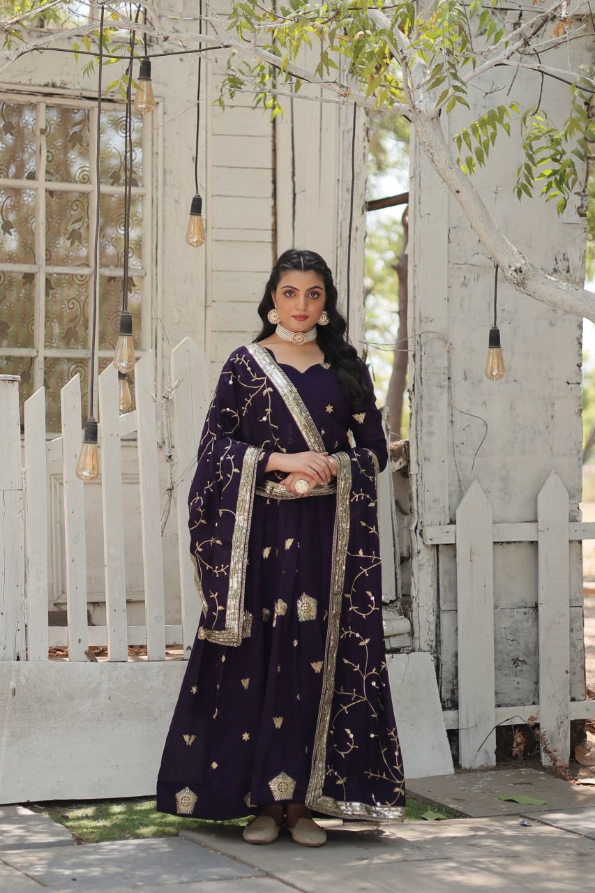 Navy Blue Elegant Vichitra Shimmer Gown with Rich Sequins Embroidery