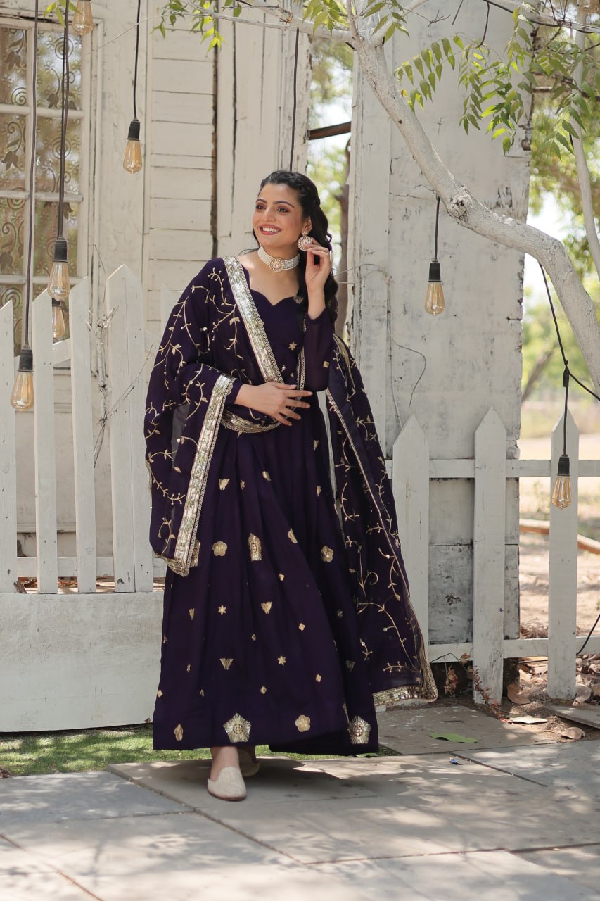 Navy Blue Elegant Vichitra Shimmer Gown with Rich Sequins Embroidery