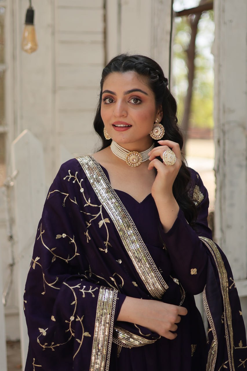 Navy Blue Elegant Vichitra Shimmer Gown with Rich Sequins Embroidery