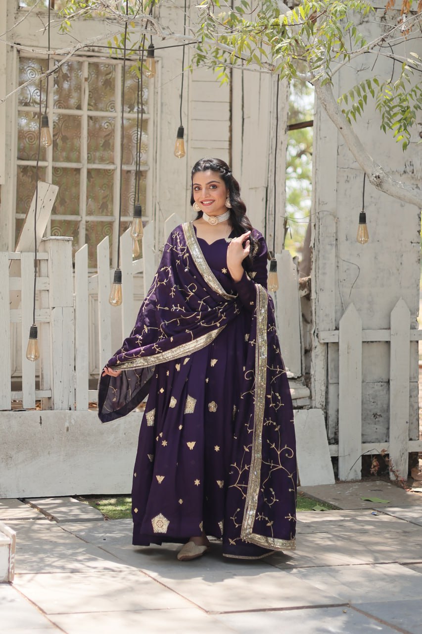 Navy Blue Elegant Vichitra Shimmer Gown with Rich Sequins Embroidery