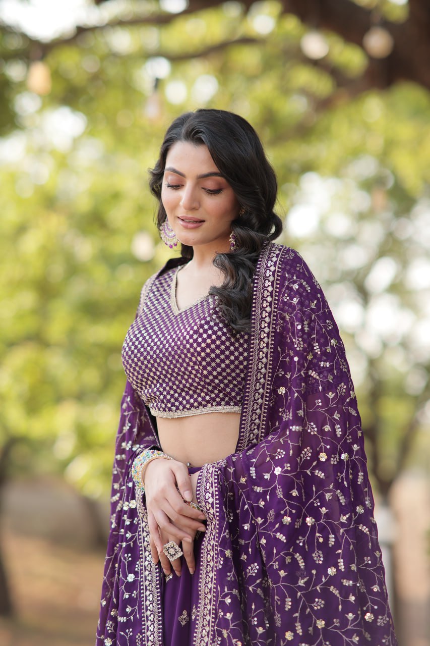 Purple Stunning Faux Blooming Lehenga with Heavy Sequins & Thread Embroidery