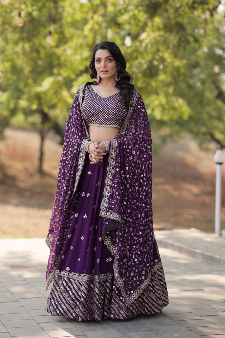Purple Stunning Faux Blooming Lehenga with Heavy Sequins & Thread Embroidery