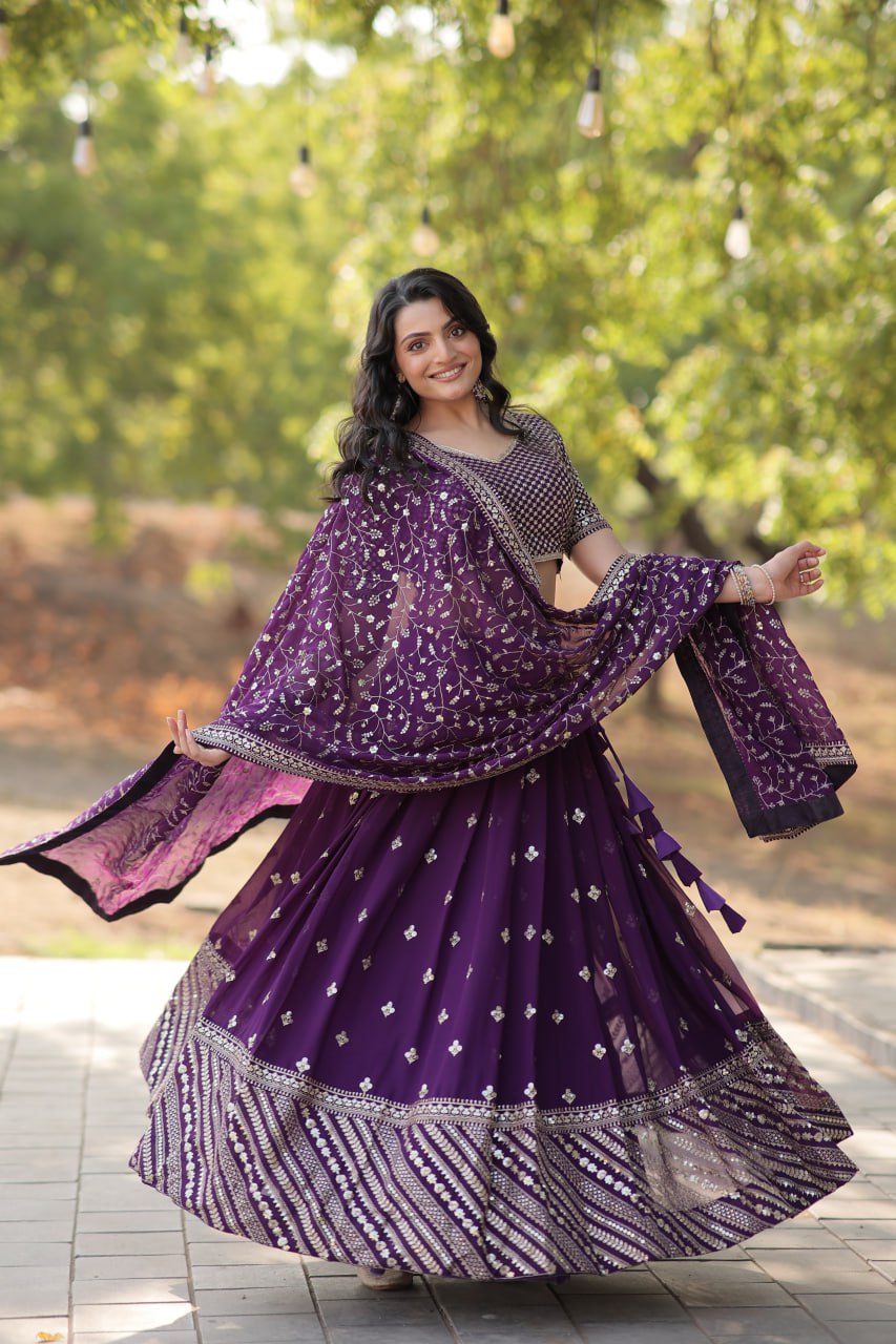 Purple Stunning Faux Blooming Lehenga with Heavy Sequins & Thread Embroidery
