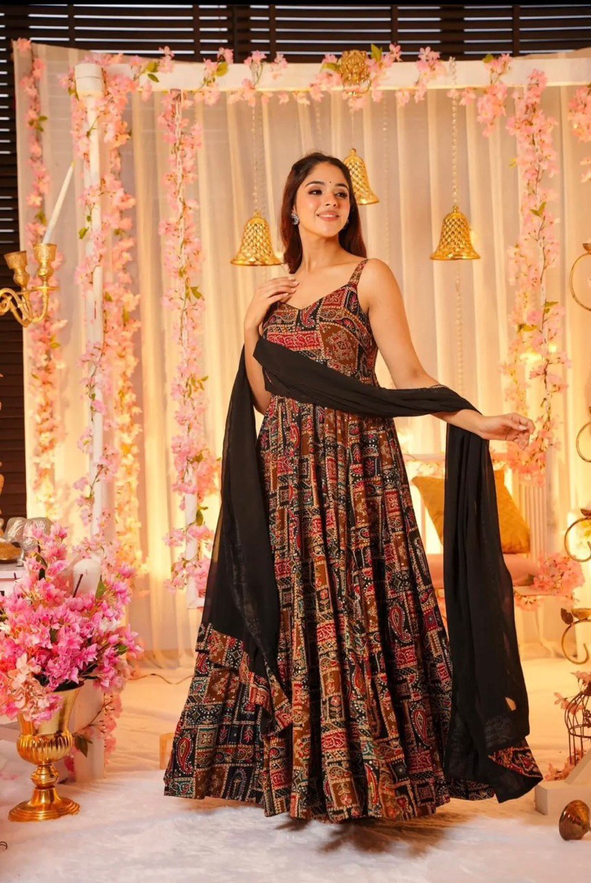 Red & Black Elegance with a Modern Touch: Exclusive Digital Printed Anarkali Gown