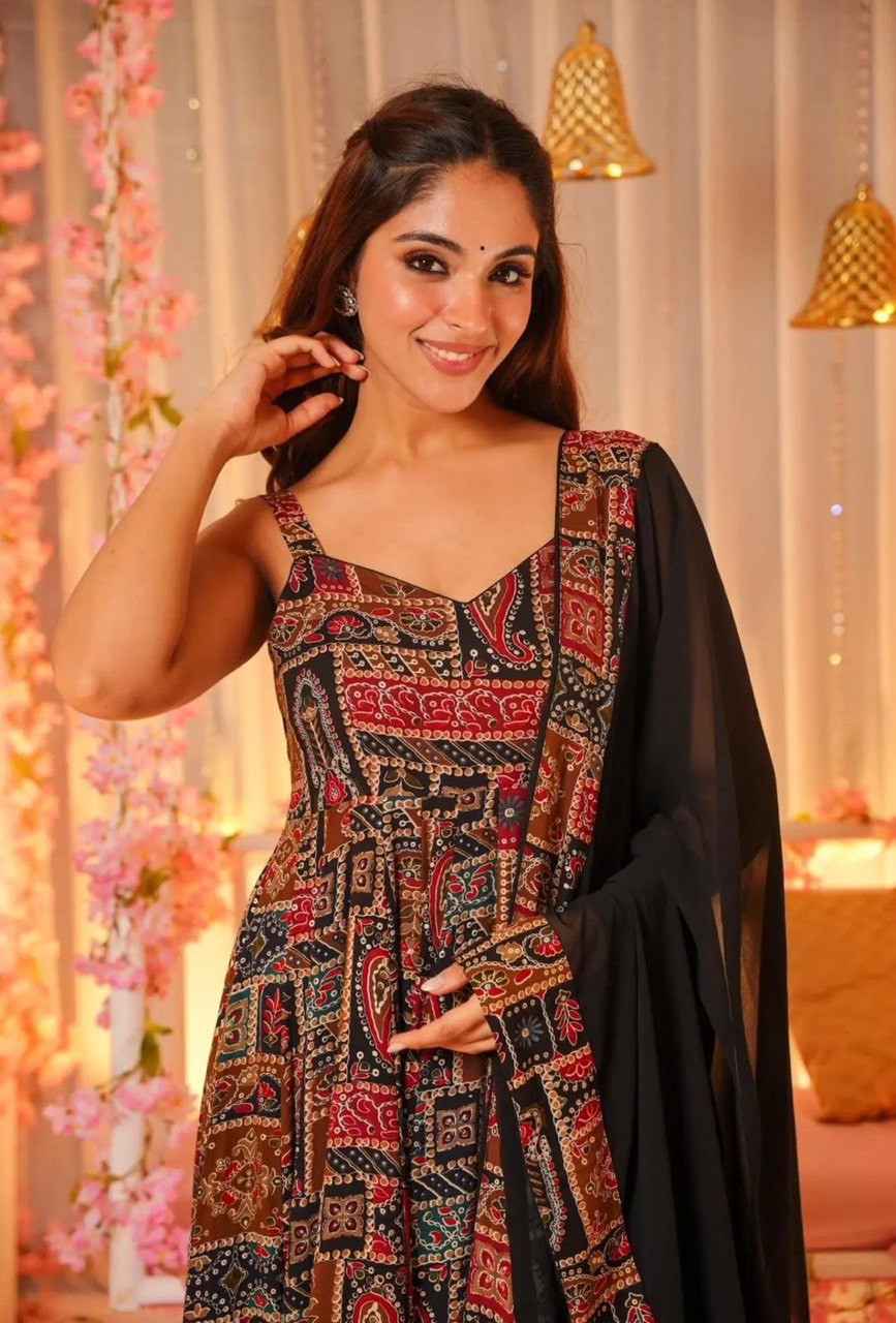 Red & Black Elegance with a Modern Touch: Exclusive Digital Printed Anarkali Gown