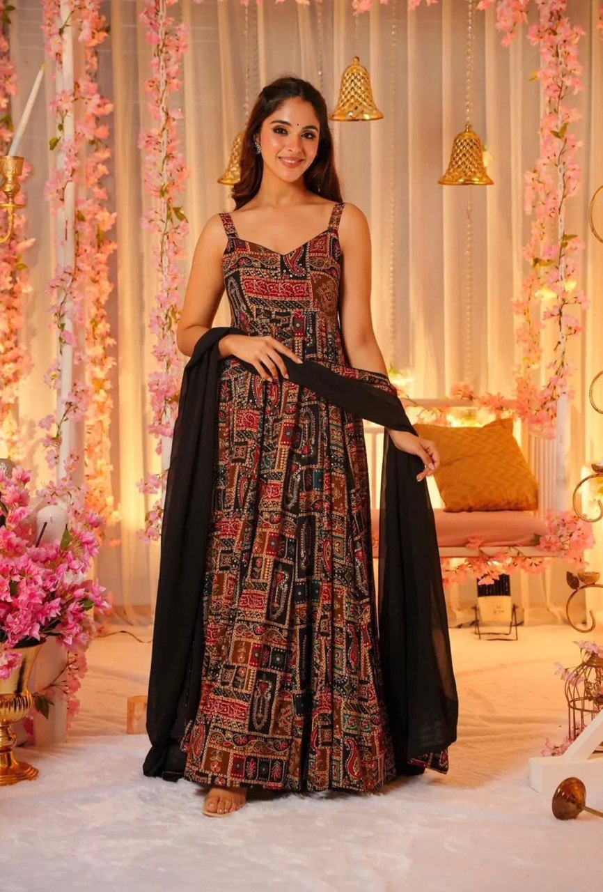 Red & Black Elegance with a Modern Touch: Exclusive Digital Printed Anarkali Gown