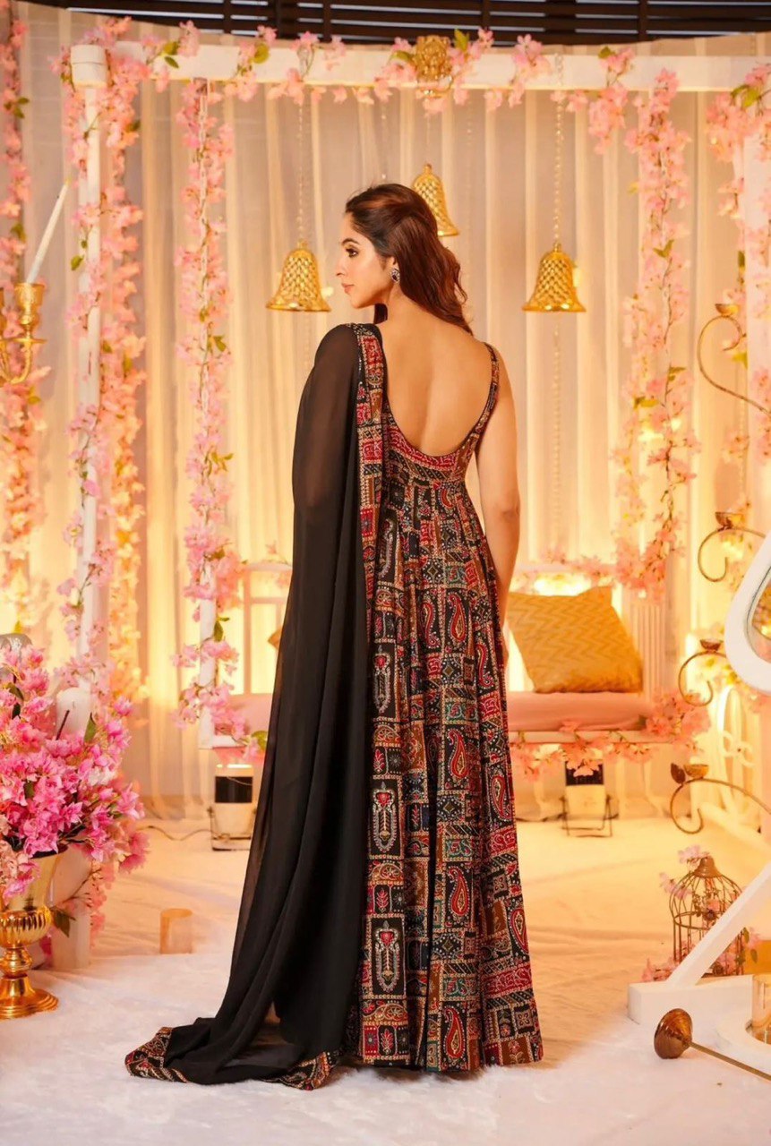 Red & Black Elegance with a Modern Touch: Exclusive Digital Printed Anarkali Gown