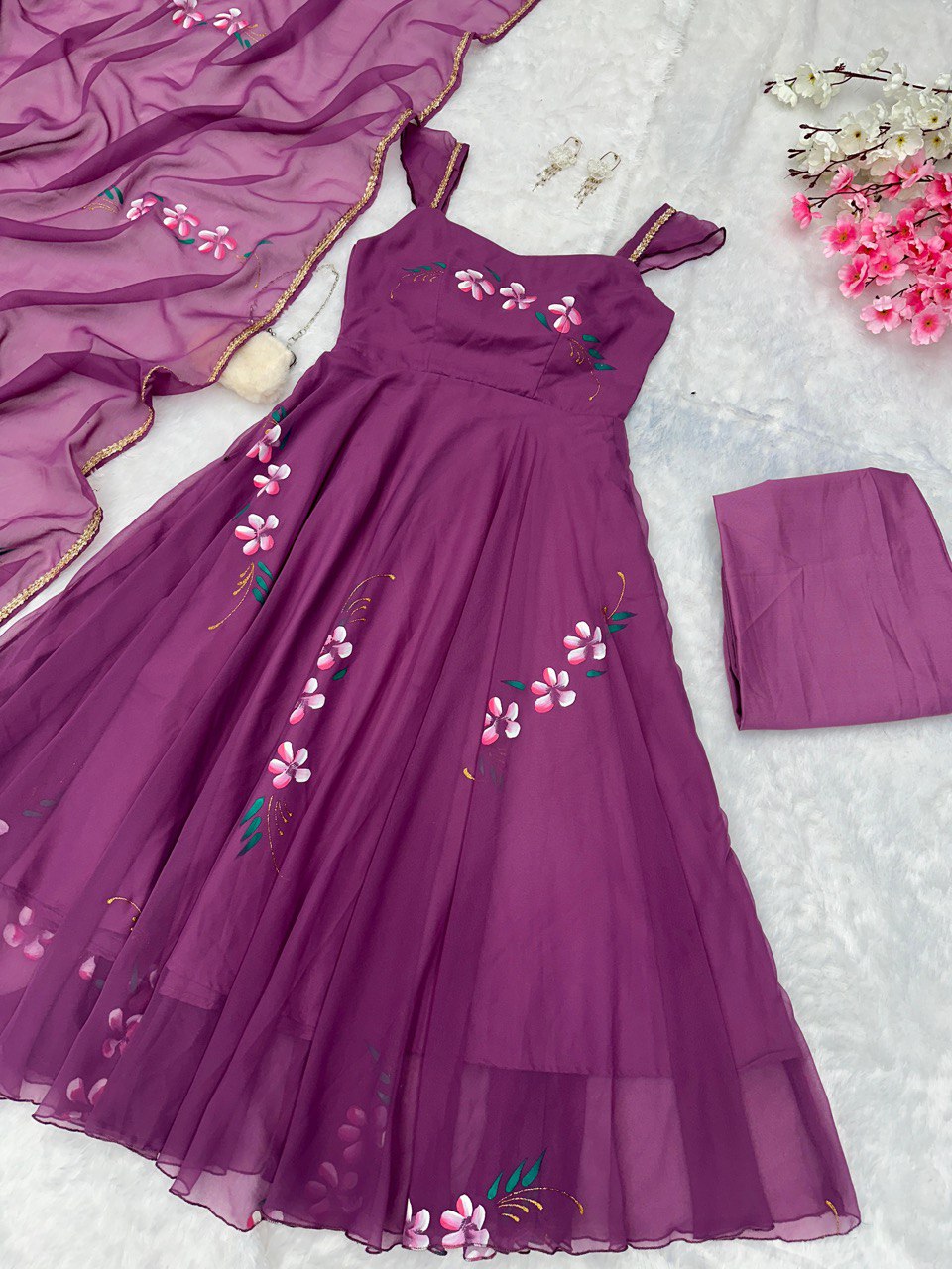 Purple Elegance Meets Artistry: Exclusive Handpainted Anarkali Suit