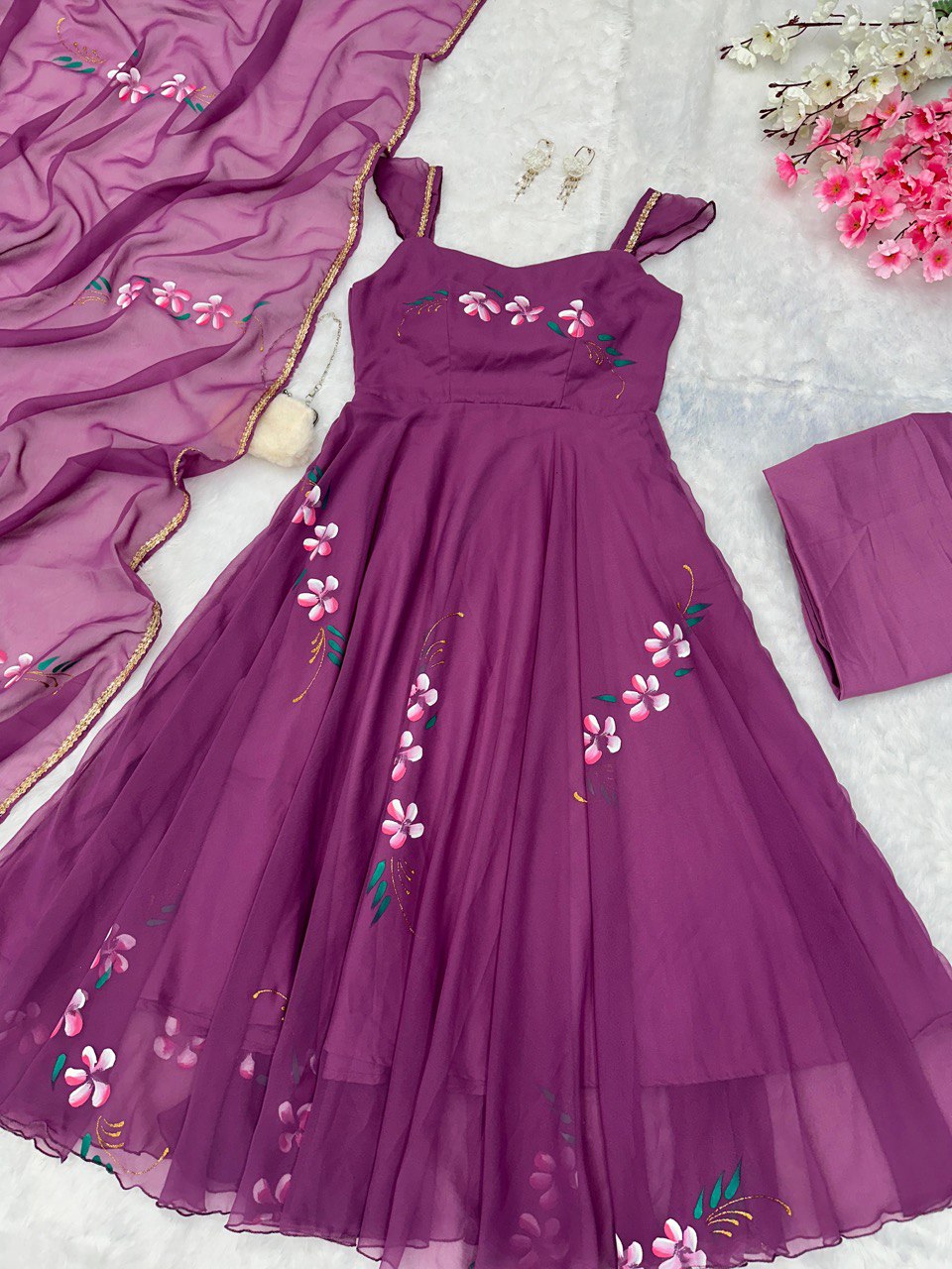 Purple Elegance Meets Artistry: Exclusive Handpainted Anarkali Suit