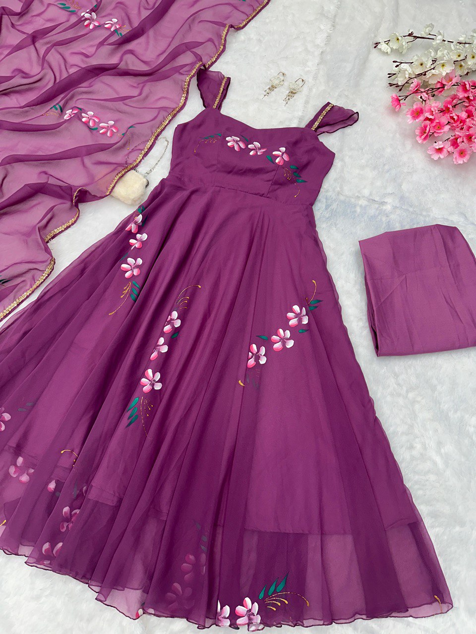 Purple Elegance Meets Artistry: Exclusive Handpainted Anarkali Suit