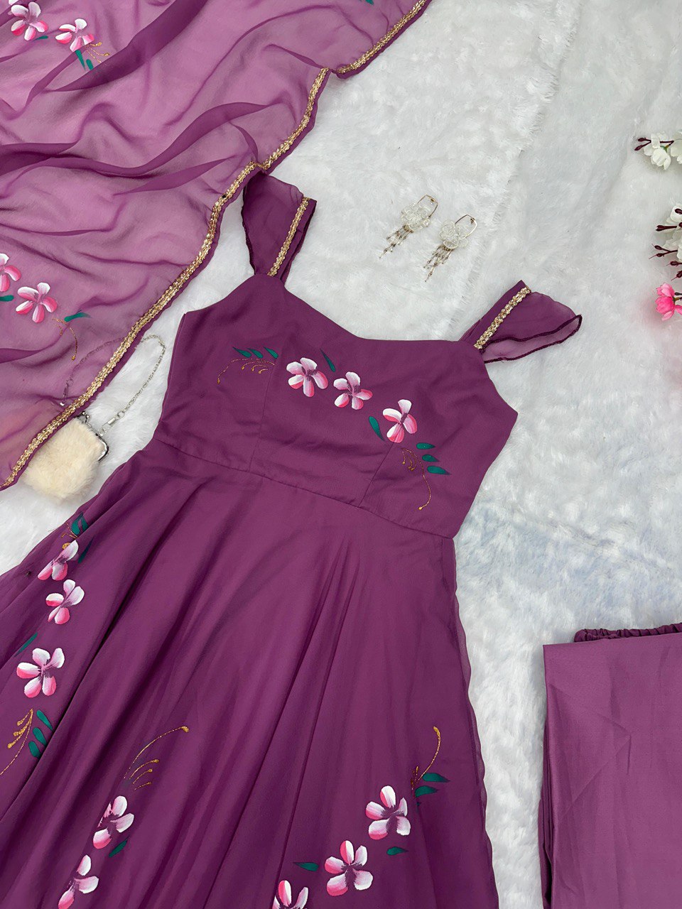 Purple Elegance Meets Artistry: Exclusive Handpainted Anarkali Suit