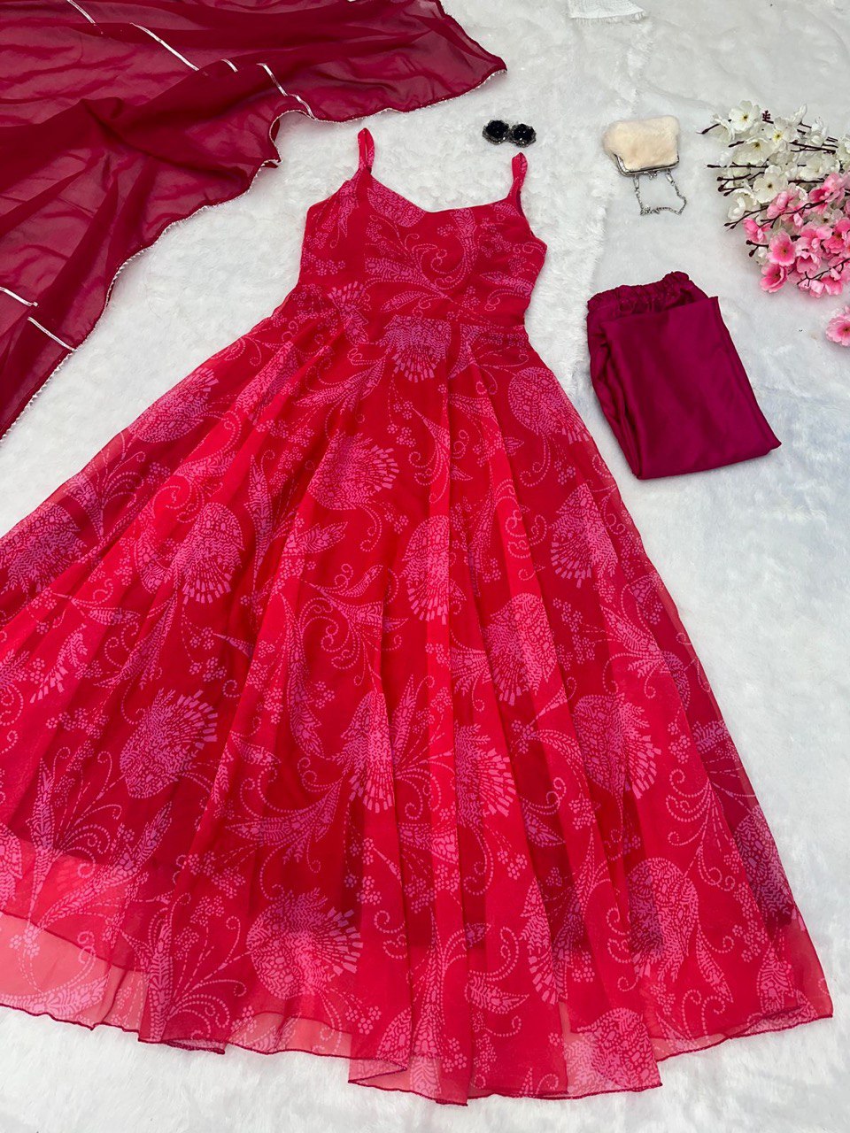 Red Georgette Anarkali Suit with Buttersilk Pant and Digital Printed Cotton Dupatta