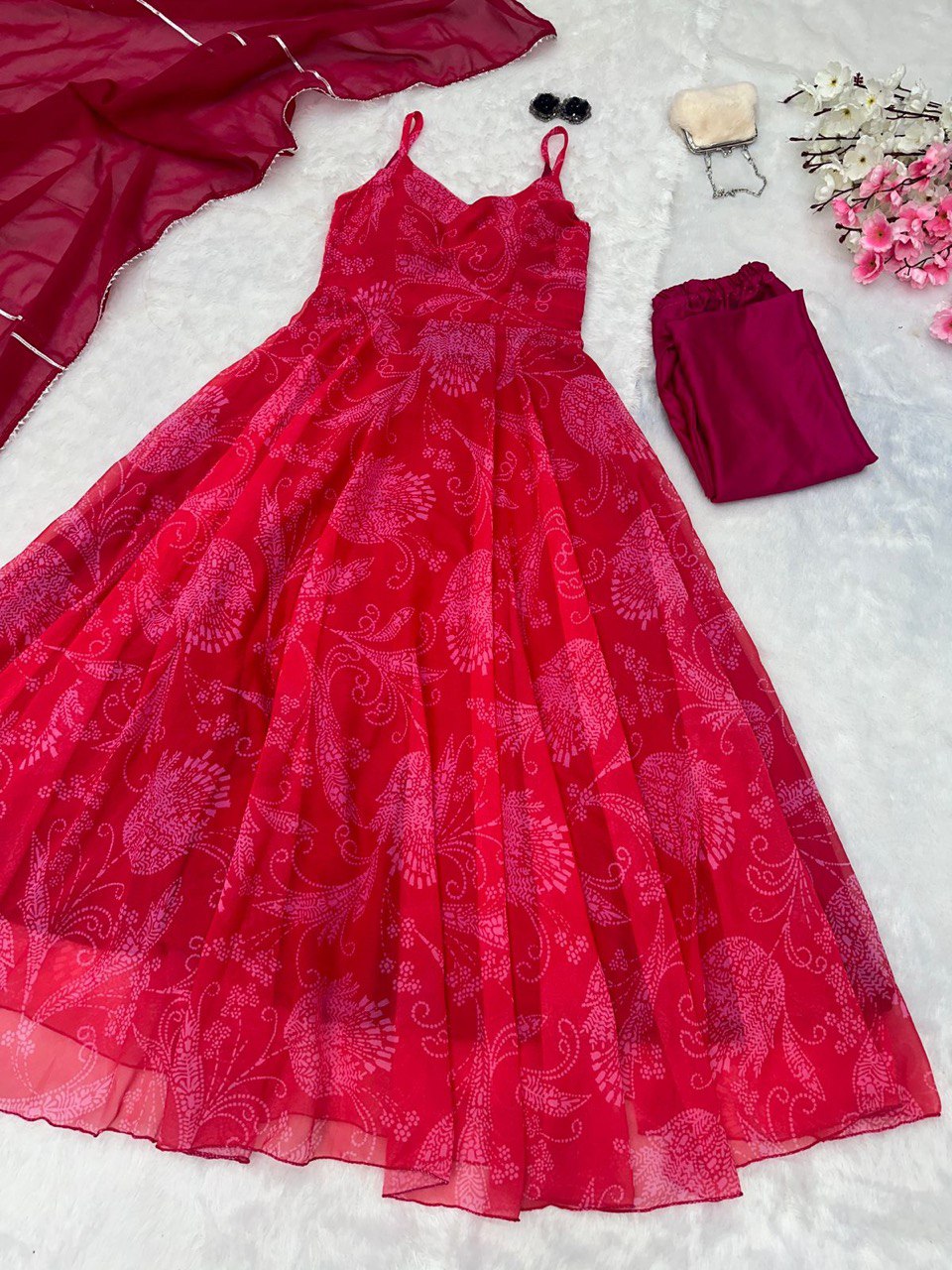 Red Georgette Anarkali Suit with Buttersilk Pant and Digital Printed Cotton Dupatta