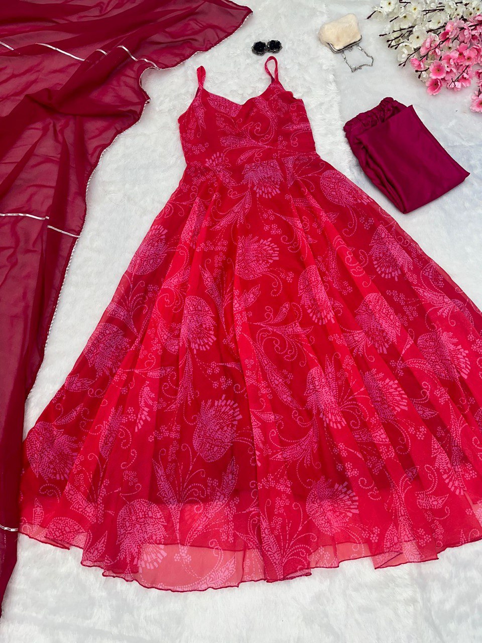 Red Georgette Anarkali Suit with Buttersilk Pant and Digital Printed Cotton Dupatta