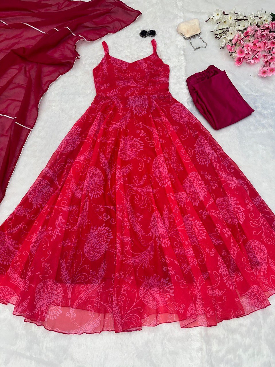 Red Georgette Anarkali Suit with Buttersilk Pant and Digital Printed Cotton Dupatta