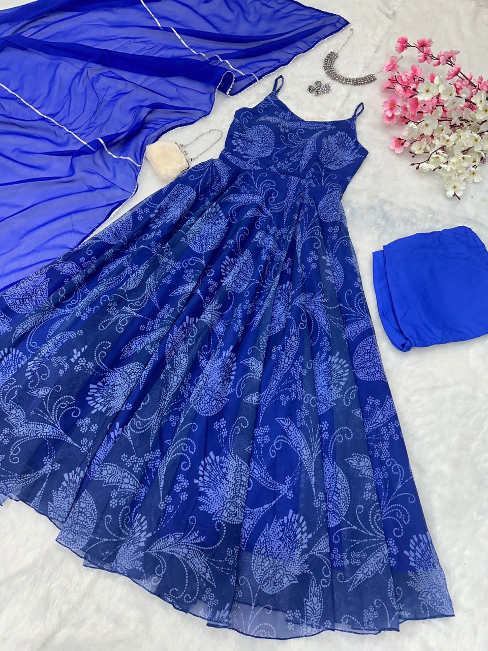 Blue Georgette Anarkali Suit with Buttersilk Pant and Digital Printed Cotton Dupatta