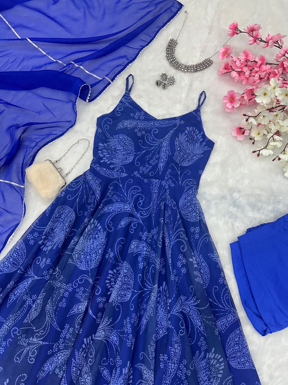 Blue Georgette Anarkali Suit with Buttersilk Pant and Digital Printed Cotton Dupatta