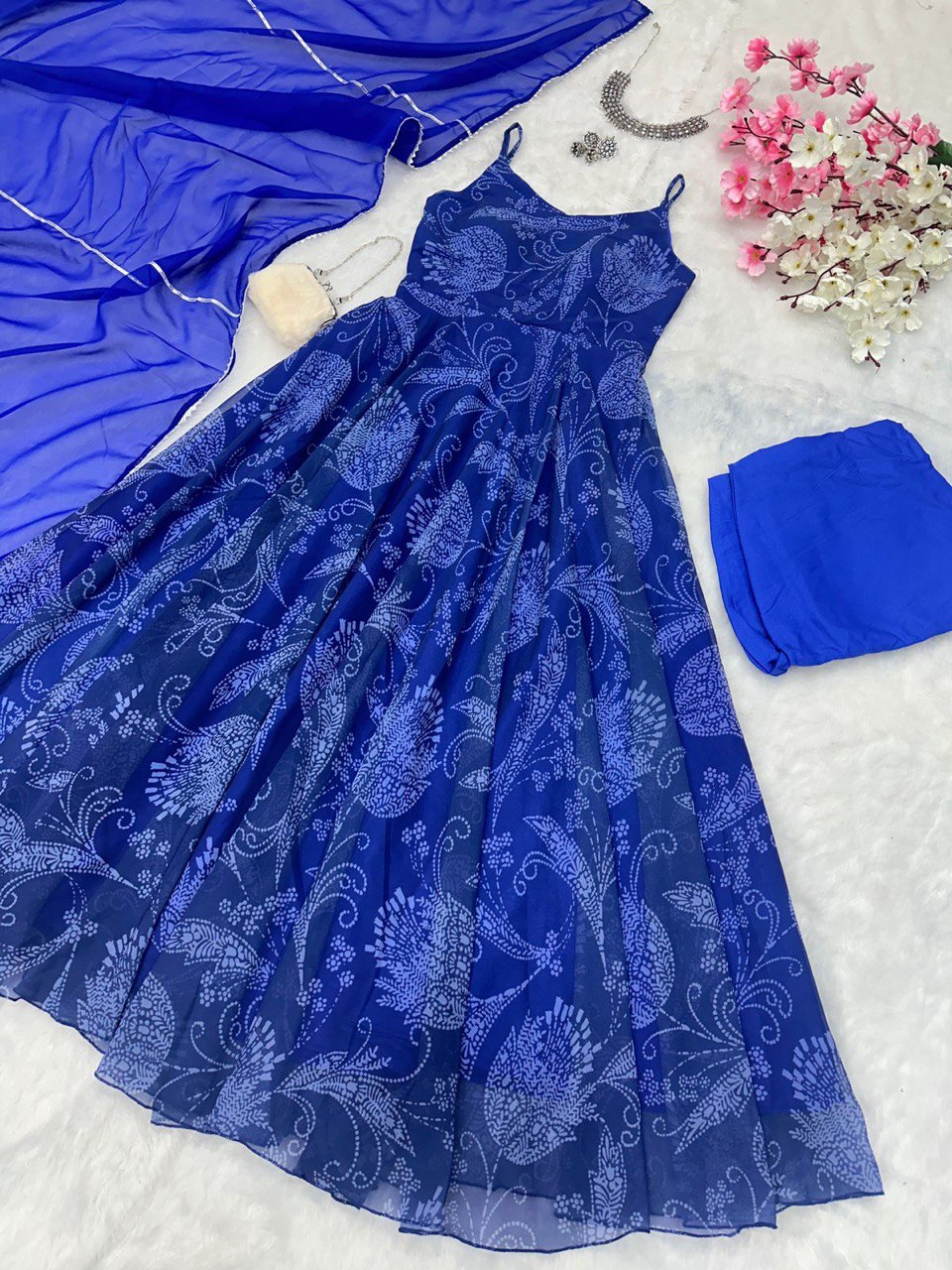 Blue Georgette Anarkali Suit with Buttersilk Pant and Digital Printed Cotton Dupatta