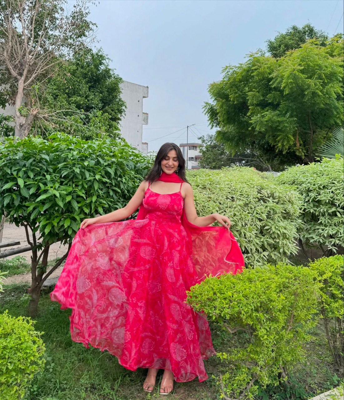 Red Georgette Anarkali Suit with Buttersilk Pant and Digital Printed Cotton Dupatta